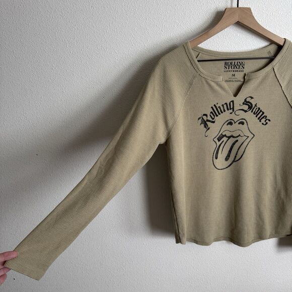 Lucky Brand Rolling Stones Top Womens Medium Brown Waffle Thermal Tongue Graphic - Picture 4 of 14